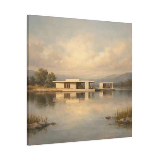 Main Mockup. Nature Lake House Modern Lake House View shown as stretched canvas wall art