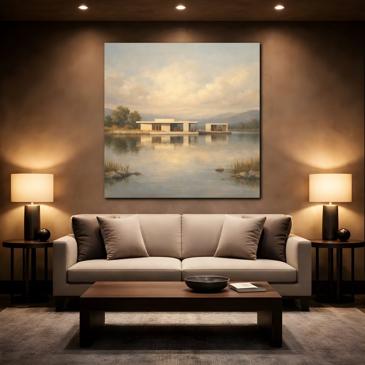 Mockup 2. Nature Lake House Modern Lake House View shown as stretched canvas wall art