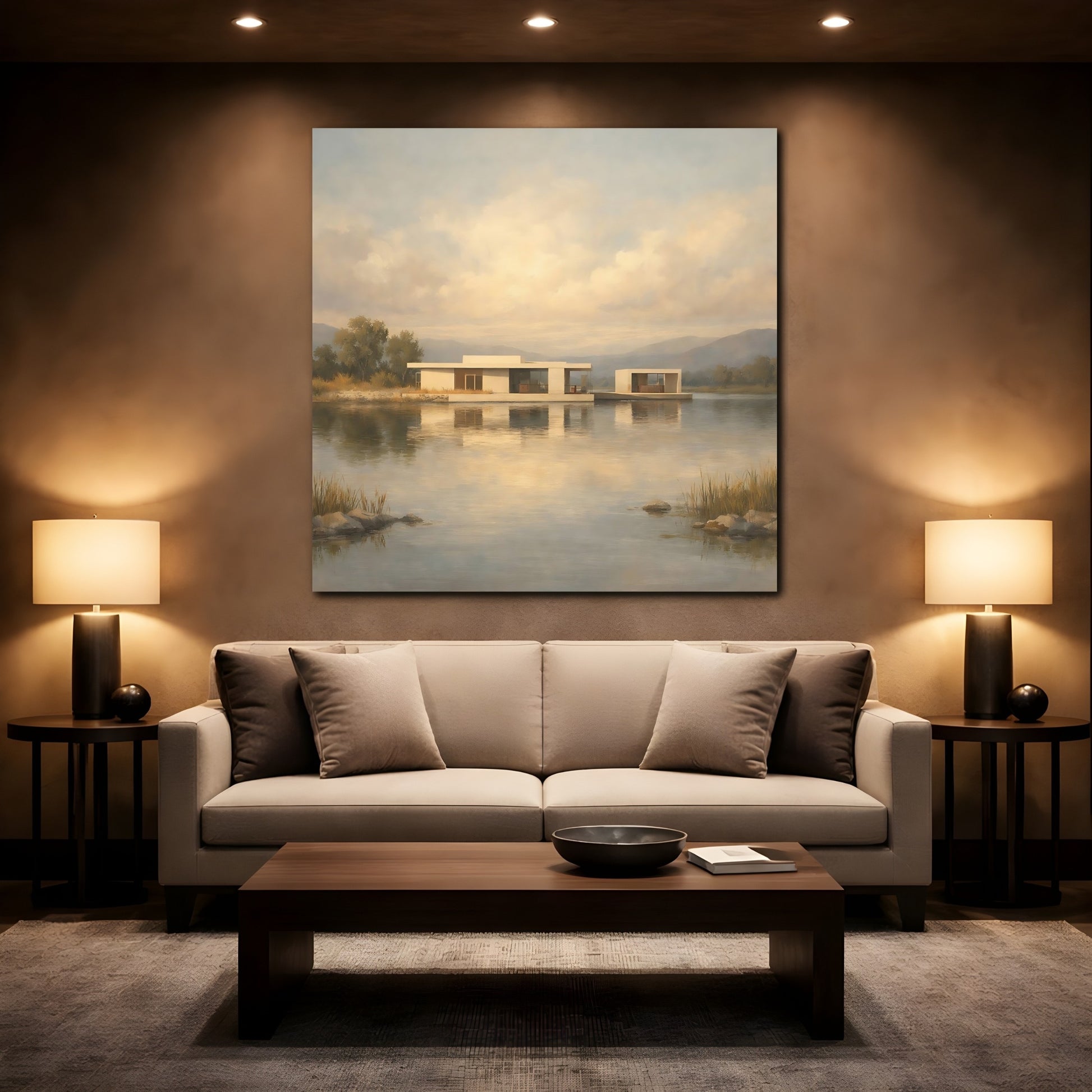 Mockup 2. Nature Lake House Modern Lake House View shown as stretched canvas wall art