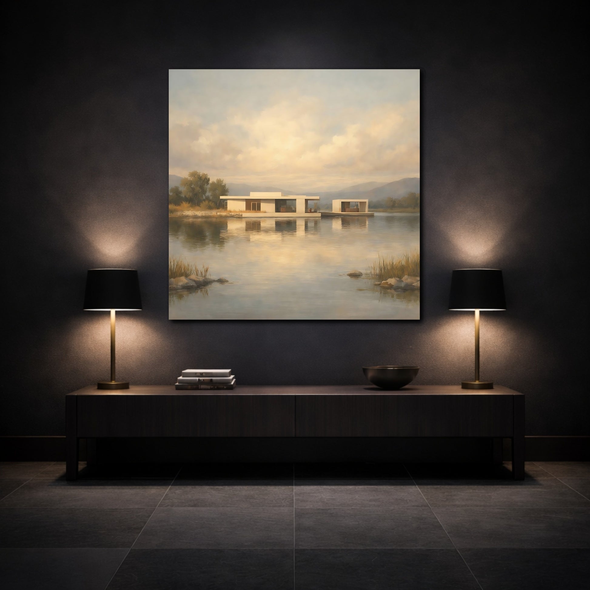 Mockup 3. Nature Lake House Modern Lake House View shown as stretched canvas wall art