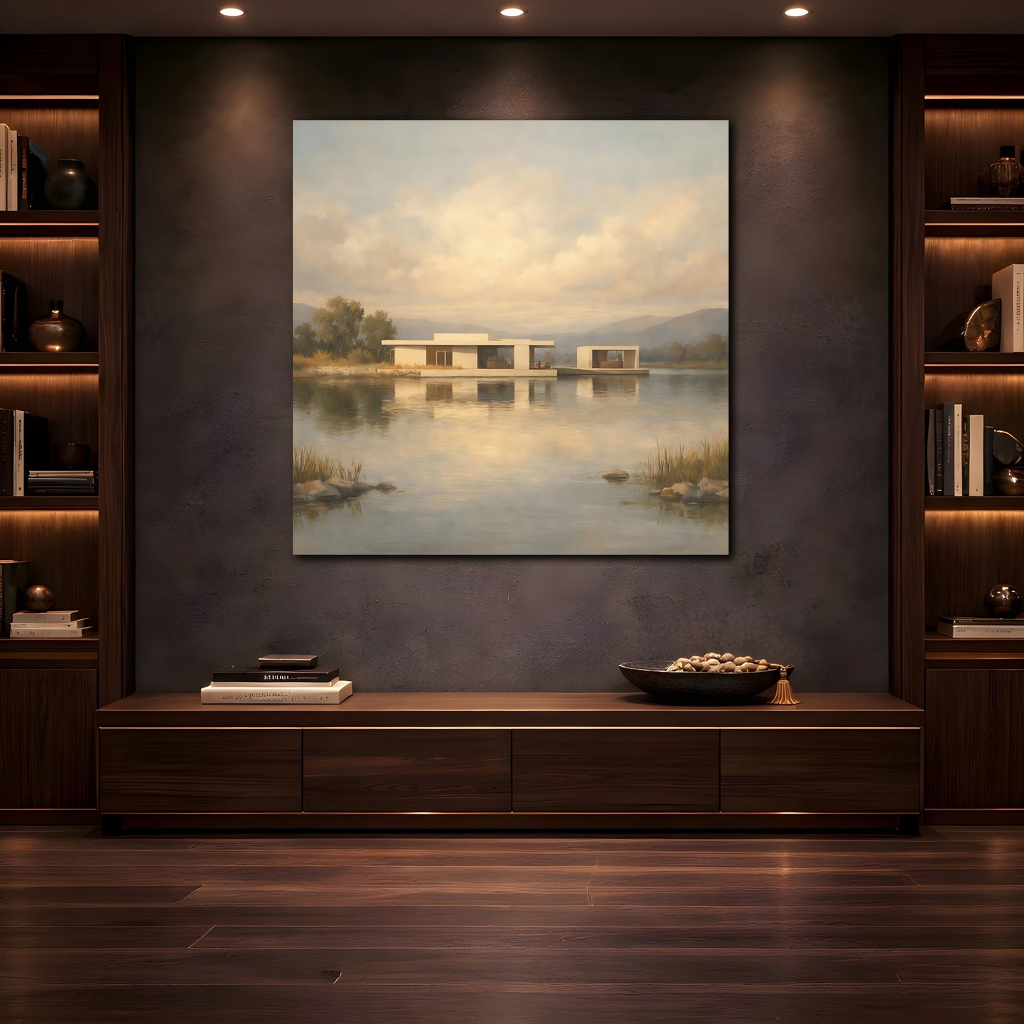 Mockup 4. Nature Lake House Modern Lake House View shown as stretched canvas wall art