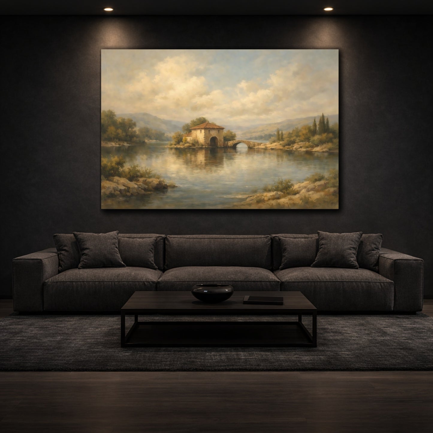 Mockup 2. Nature Lake House Muted Landscape shown as stretched canvas wall art