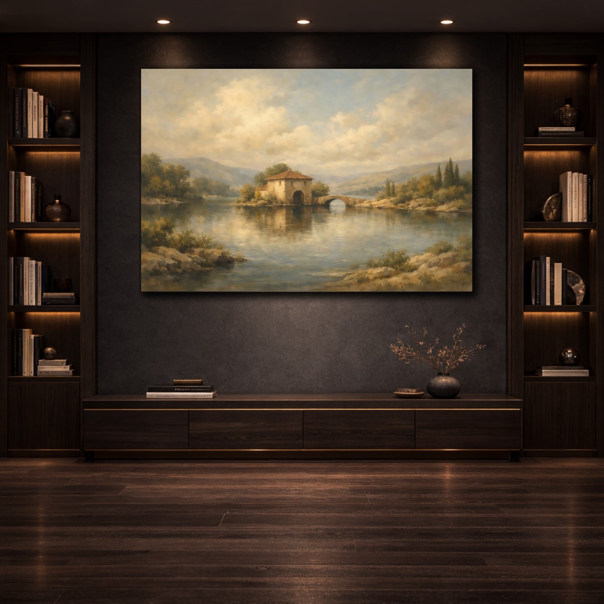 Mockup 3. Nature Lake House Muted Landscape shown as stretched canvas wall art