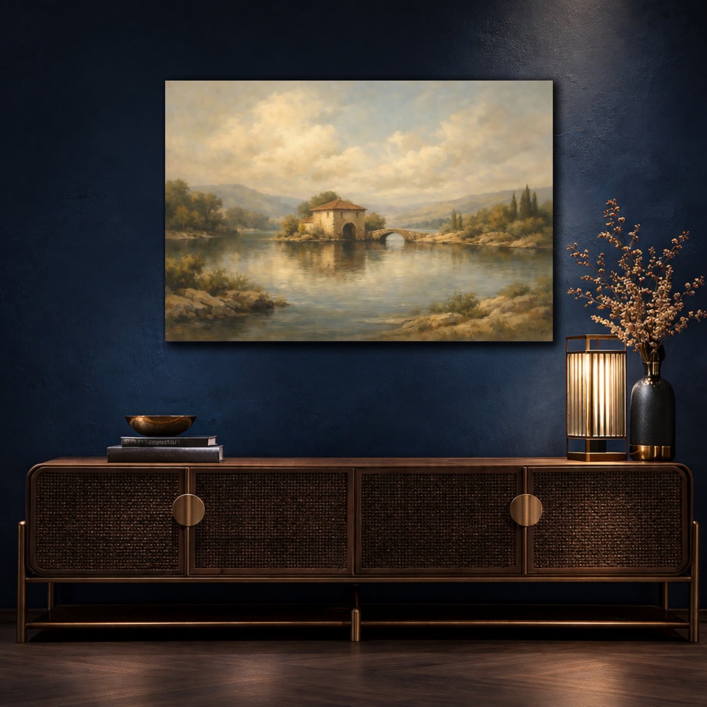 Mockup 4. Nature Lake House Muted Landscape shown as stretched canvas wall art