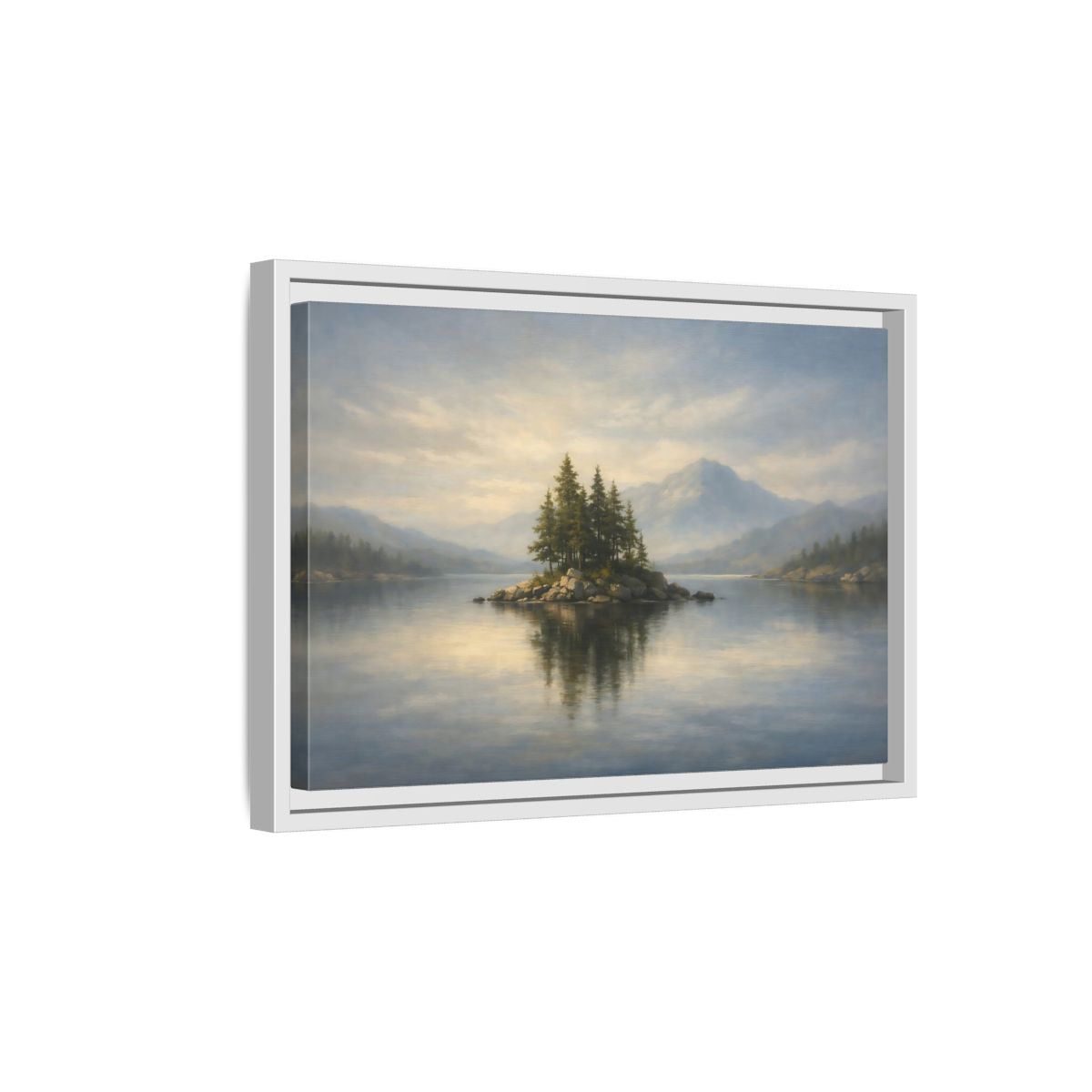 Side Mockup 4. Nature Lake Island Blue And Green shown as stretched canvas wall art