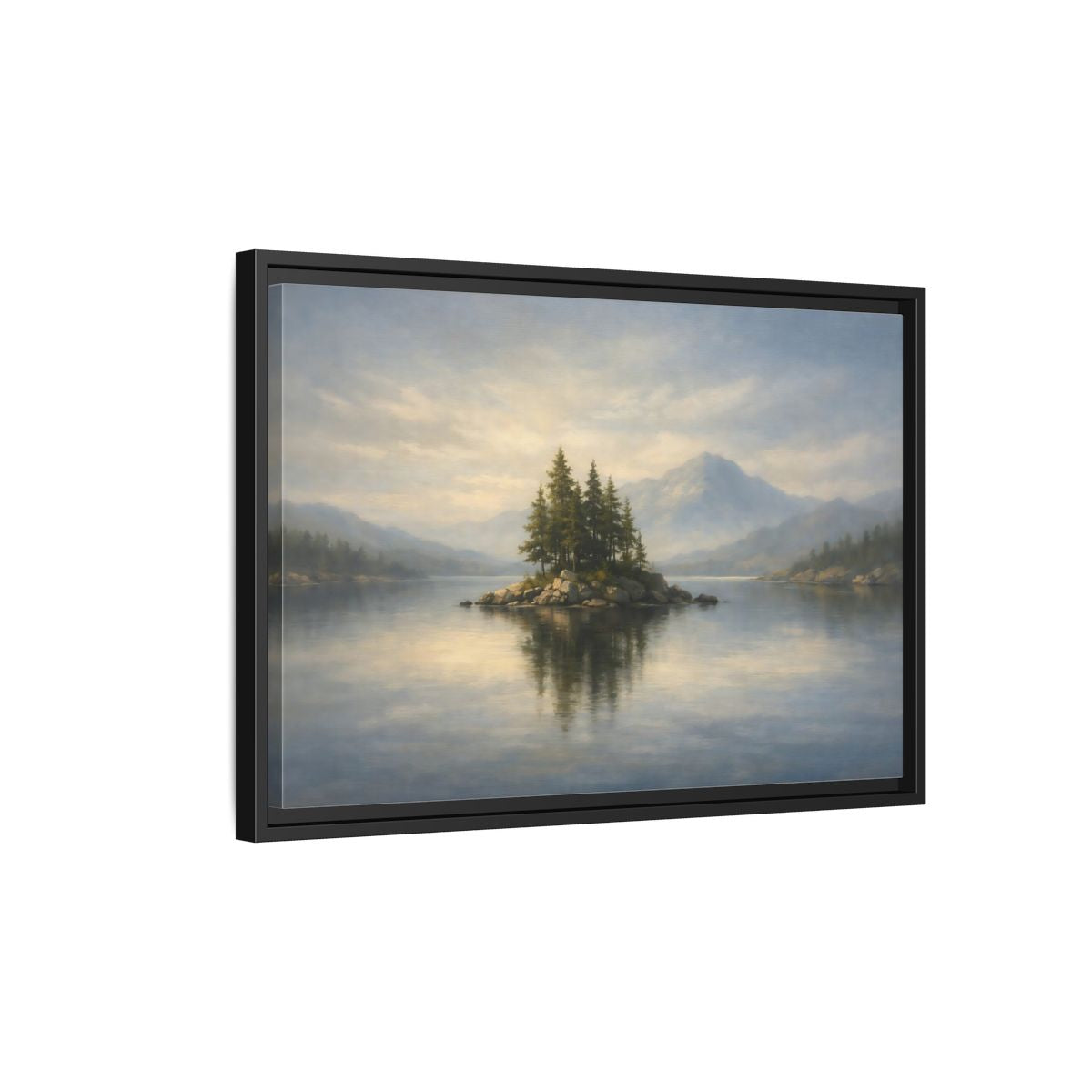 Side Mockup 3. Nature Lake Island Blue And Green shown as stretched canvas wall art