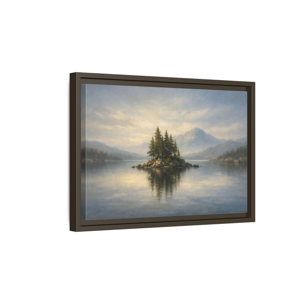 Side Mockup 5. Nature Lake Island Blue And Green shown as stretched canvas wall art