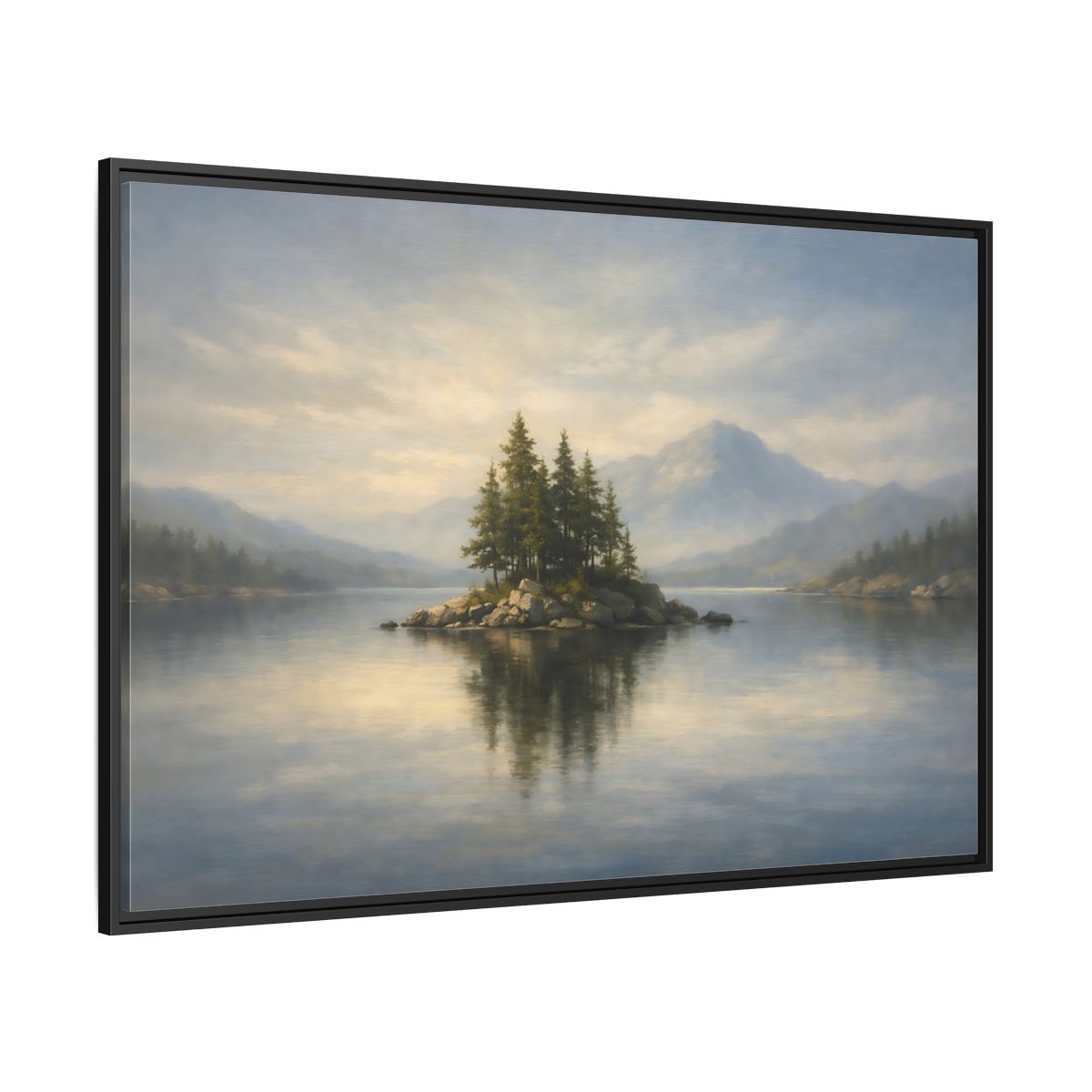 Side Mockup 12. Nature Lake Island Blue And Green shown as stretched canvas wall art