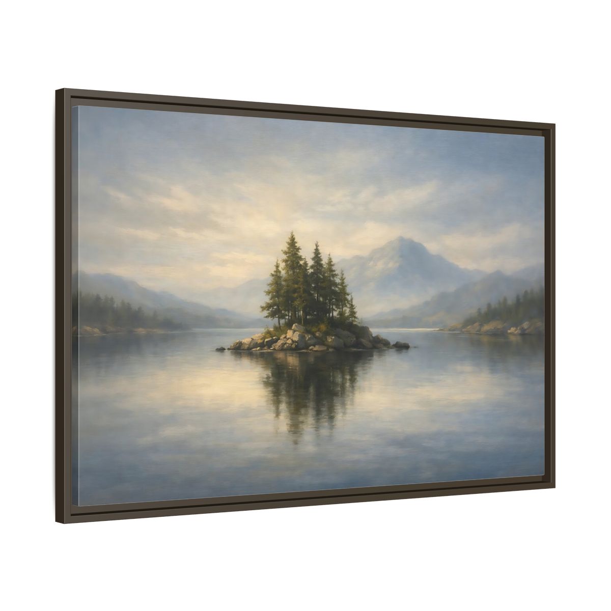 Side Mockup 9. Nature Lake Island Blue And Green shown as stretched canvas wall art