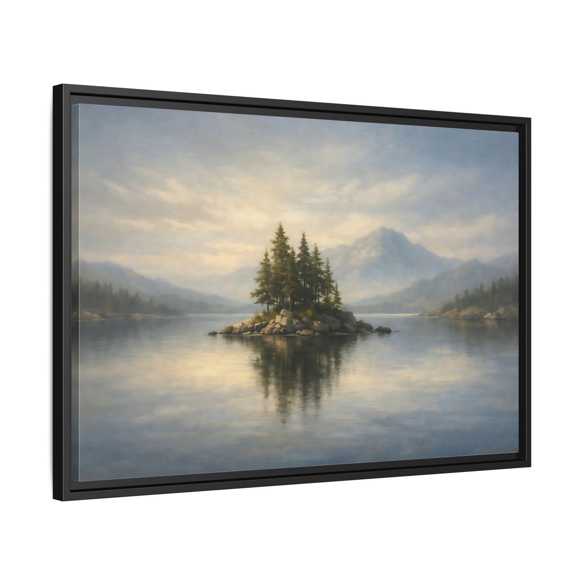 Side Mockup 14. Nature Lake Island Blue And Green shown as stretched canvas wall art