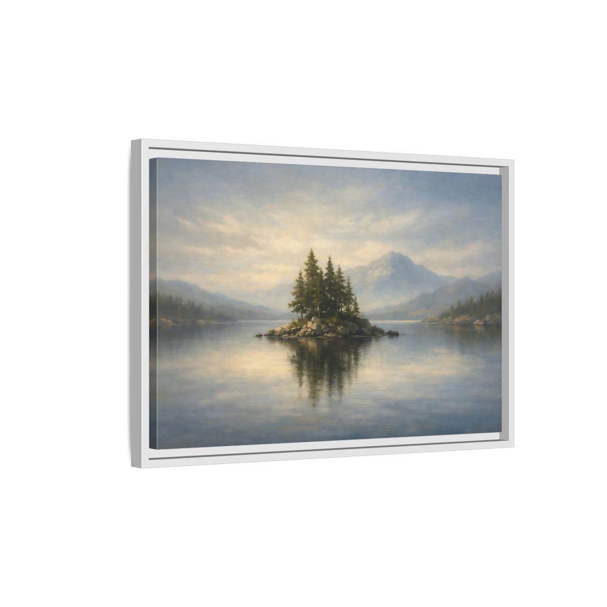 Side Mockup 1. Nature Lake Island Blue And Green shown as stretched canvas wall art