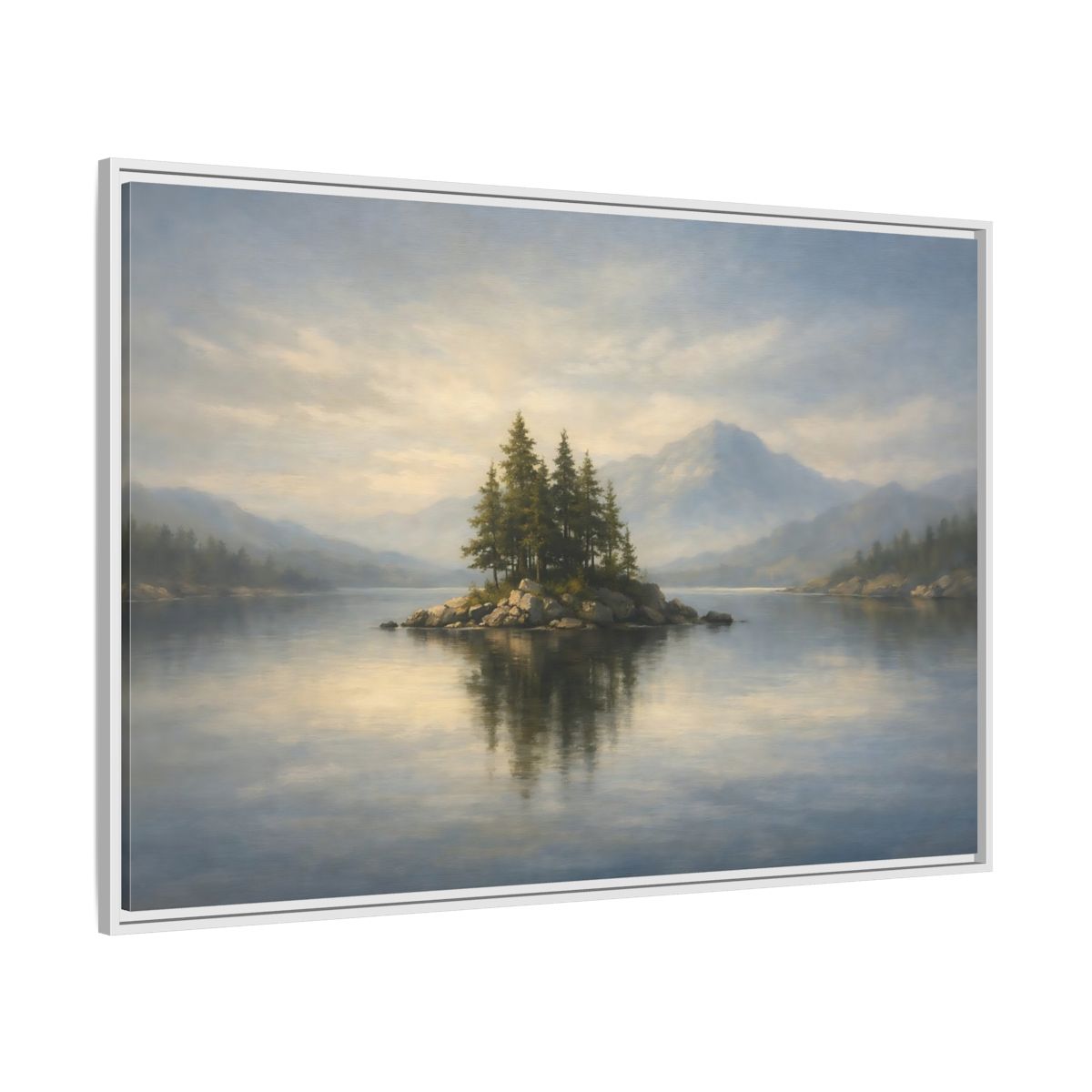 Side Mockup 7. Nature Lake Island Blue And Green shown as stretched canvas wall art
