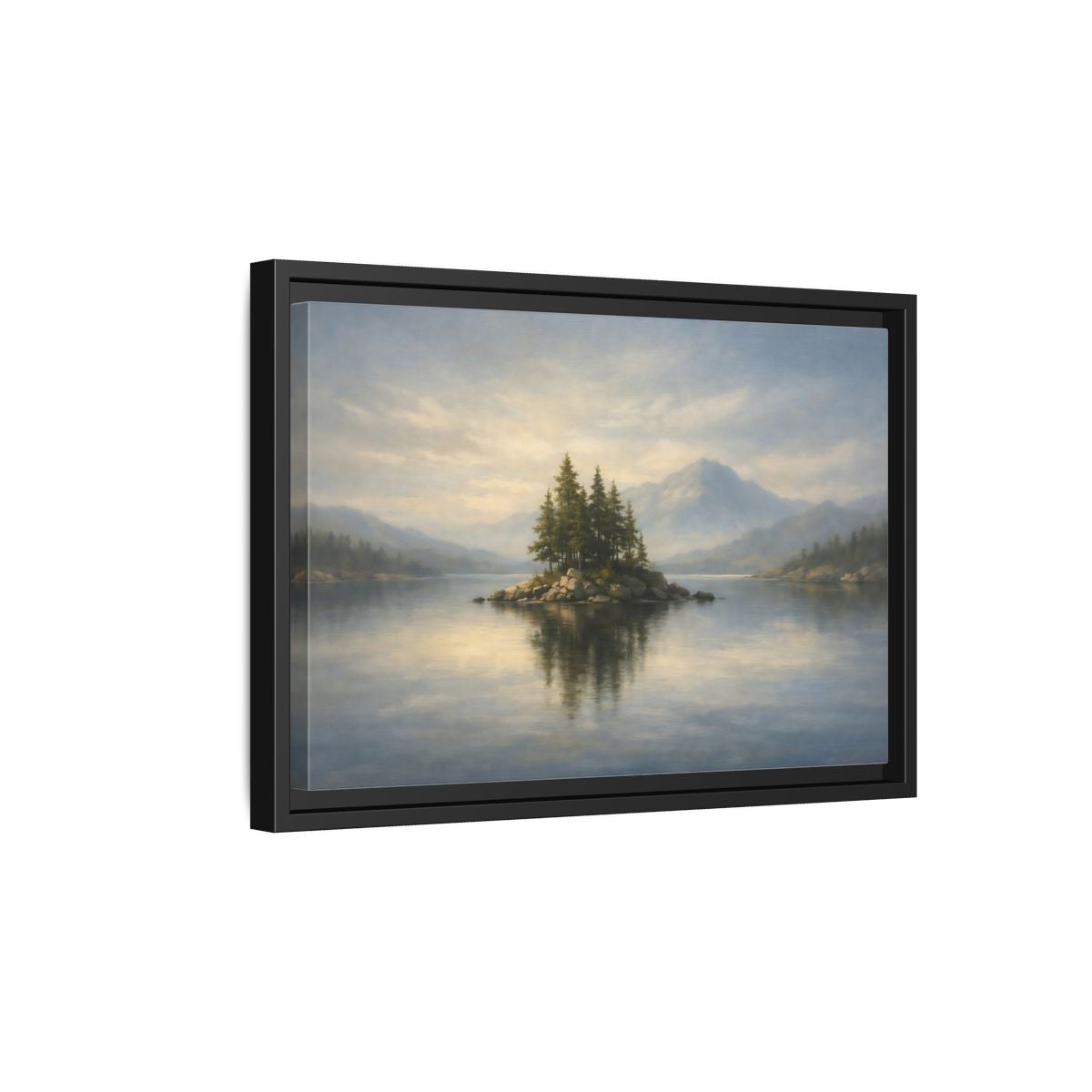 Side Mockup 6. Nature Lake Island Blue And Green shown as stretched canvas wall art