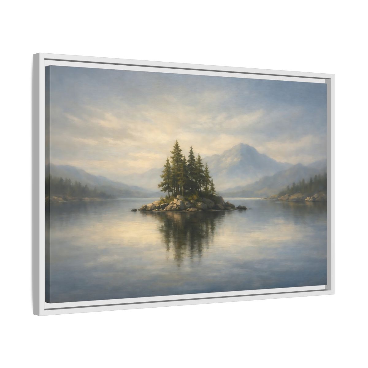 Side Mockup 10. Nature Lake Island Blue And Green shown as stretched canvas wall art