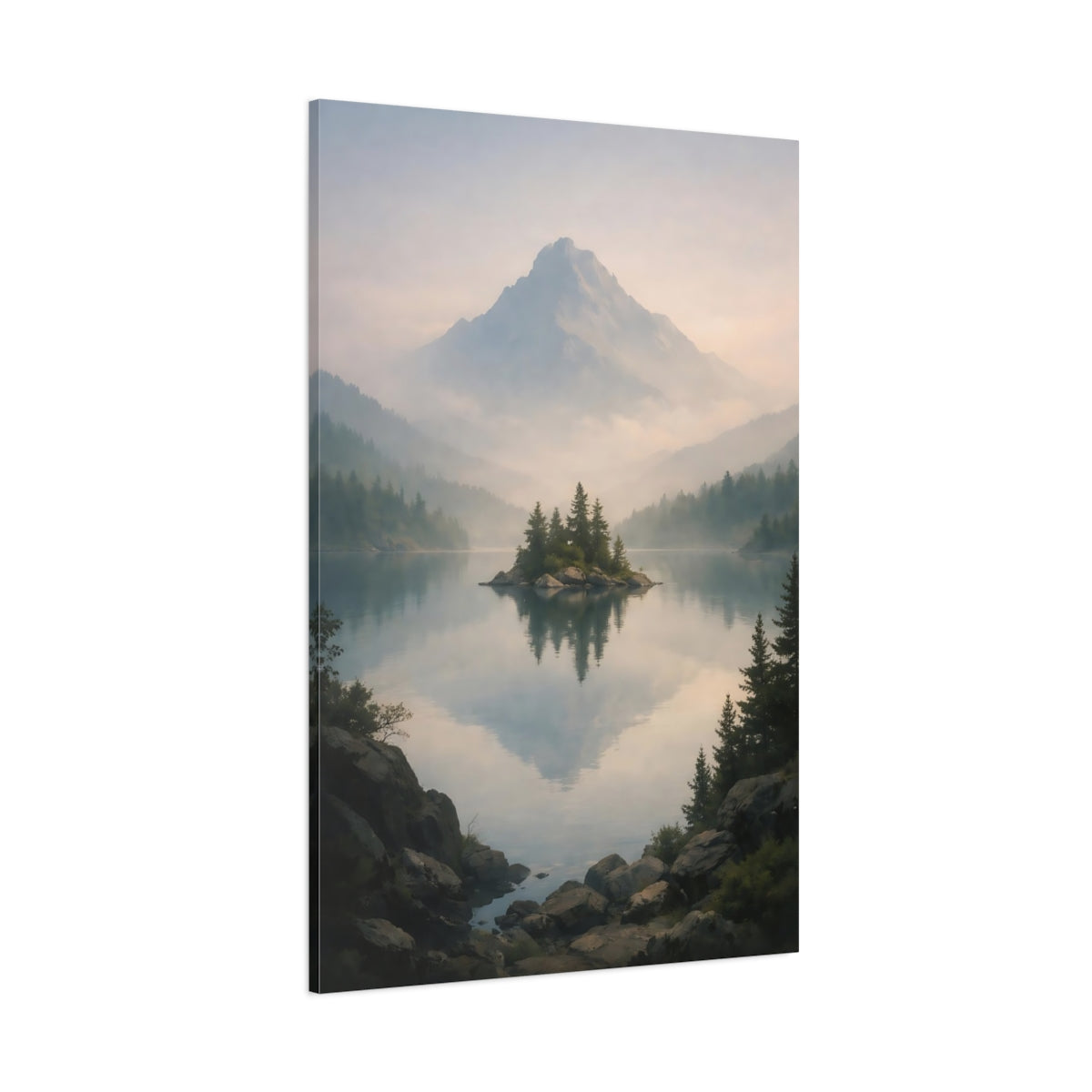 Nature Lake Island Blue And Green Landscape shown as stretched canvas wall art
