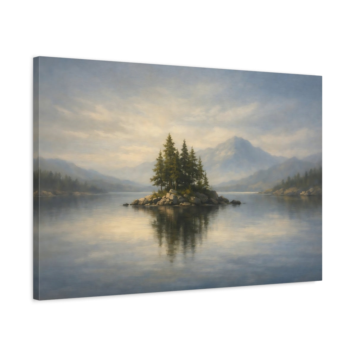 Side Mockup 2. Nature Lake Island Blue And Green Landscape shown as stretched canvas wall art