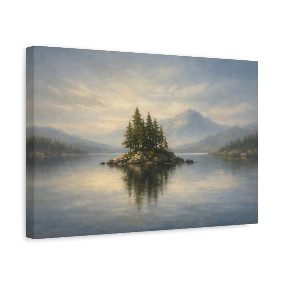 Side Mockup 4. Nature Lake Island Blue And Green Landscape shown as stretched canvas wall art