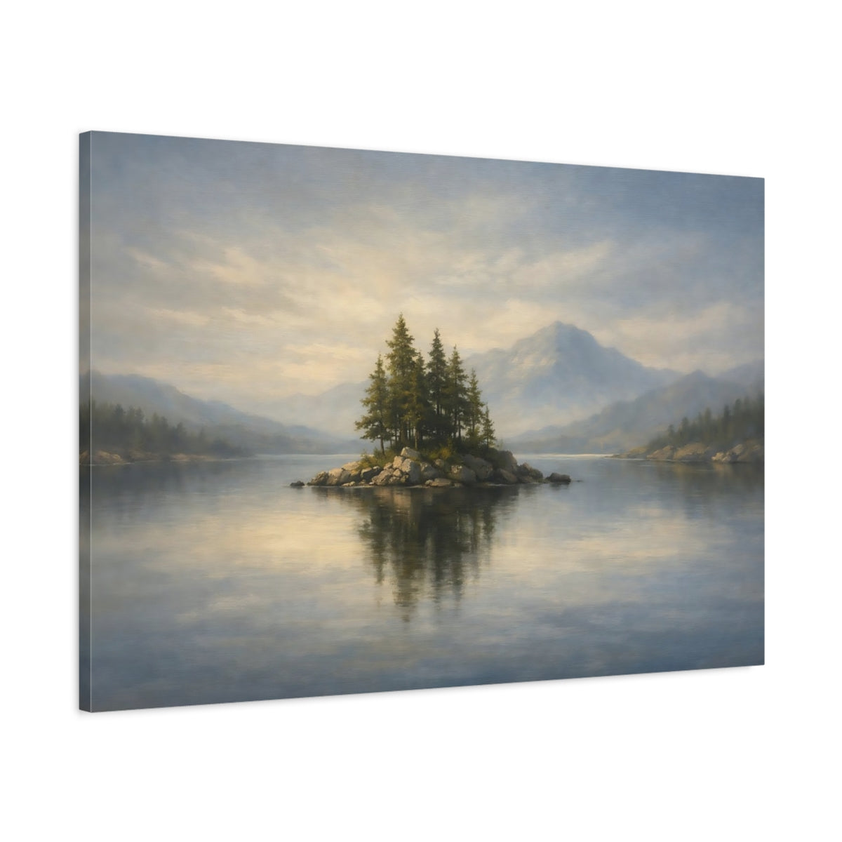 Side Mockup 1. Nature Lake Island Blue And Green Landscape shown as stretched canvas wall art