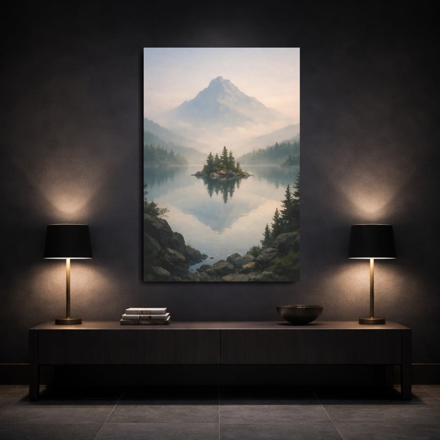 Nature Lake Island Blue And Green Landscape shown as front canvas room wall art