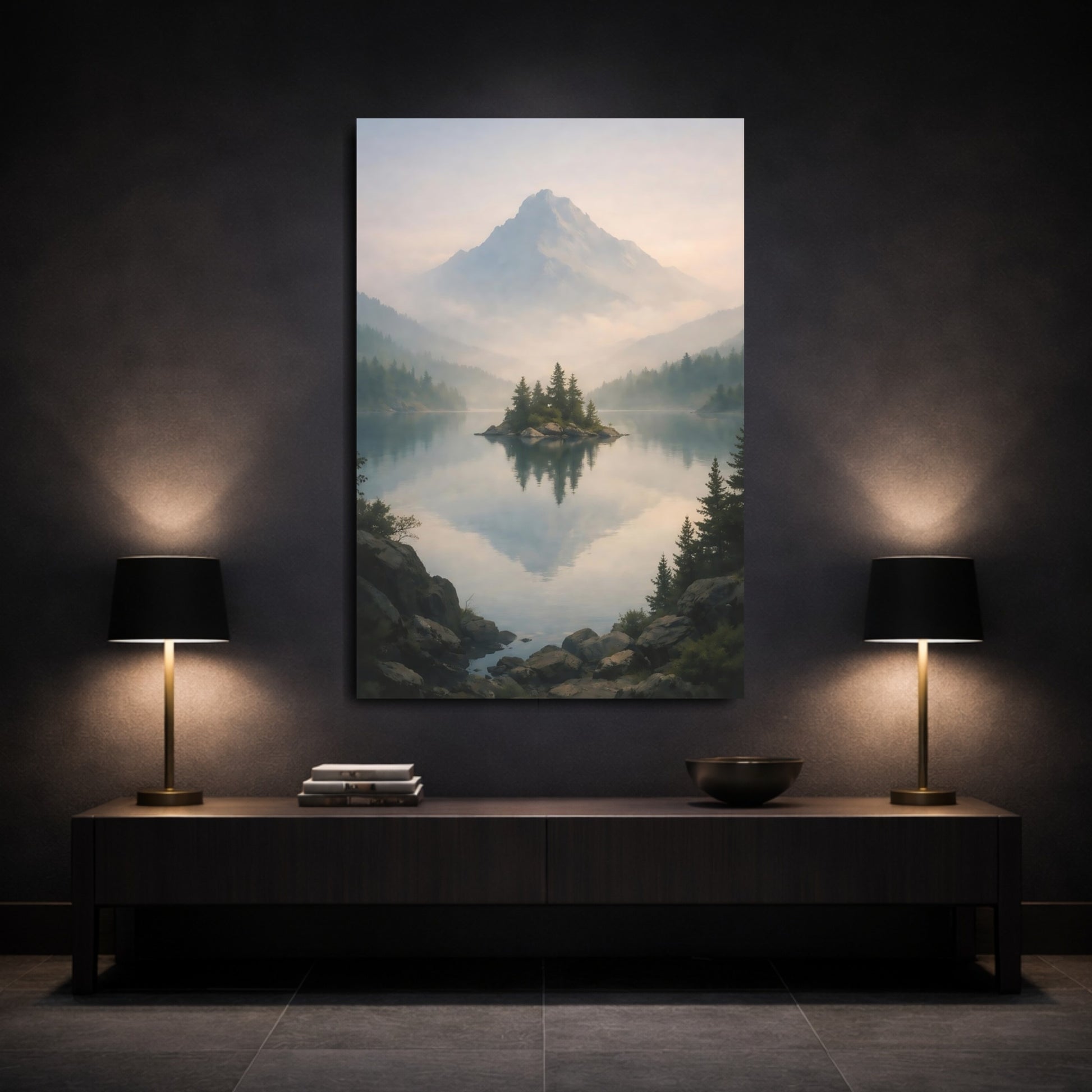 Nature Lake Island Blue And Green Landscape shown as front canvas room wall art
