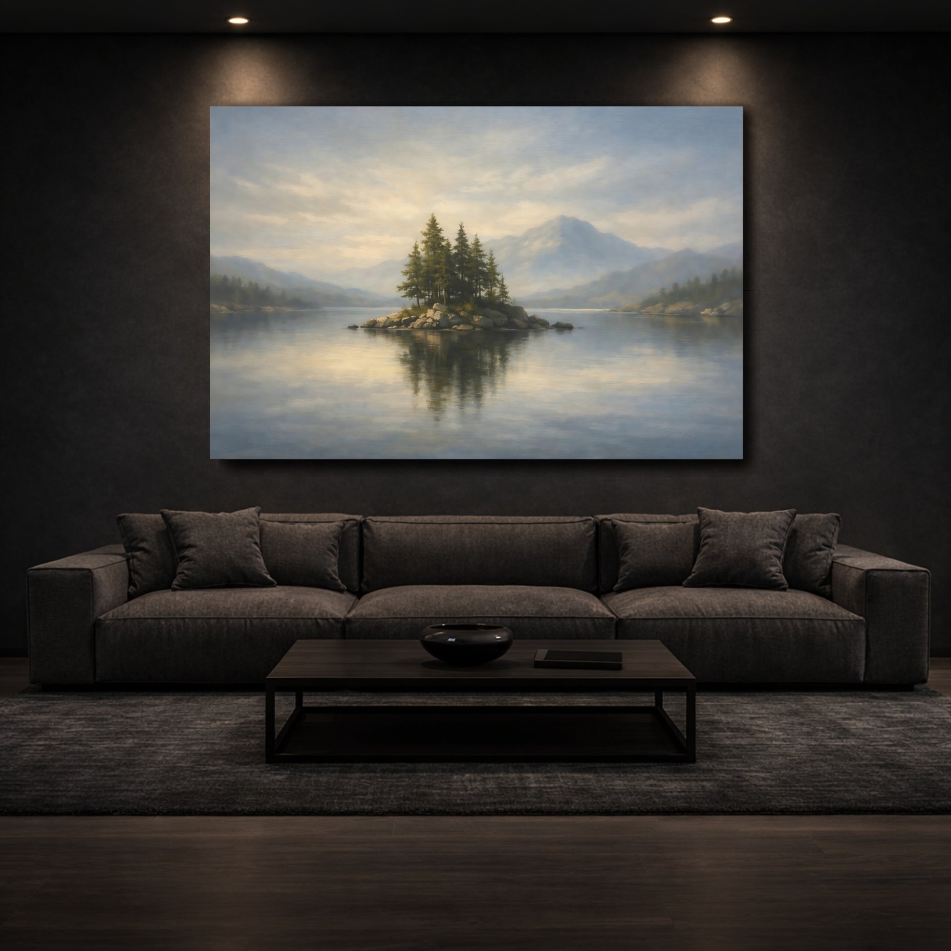 Mockup 2. Nature Lake Island Blue And Green Landscape shown as stretched canvas wall art