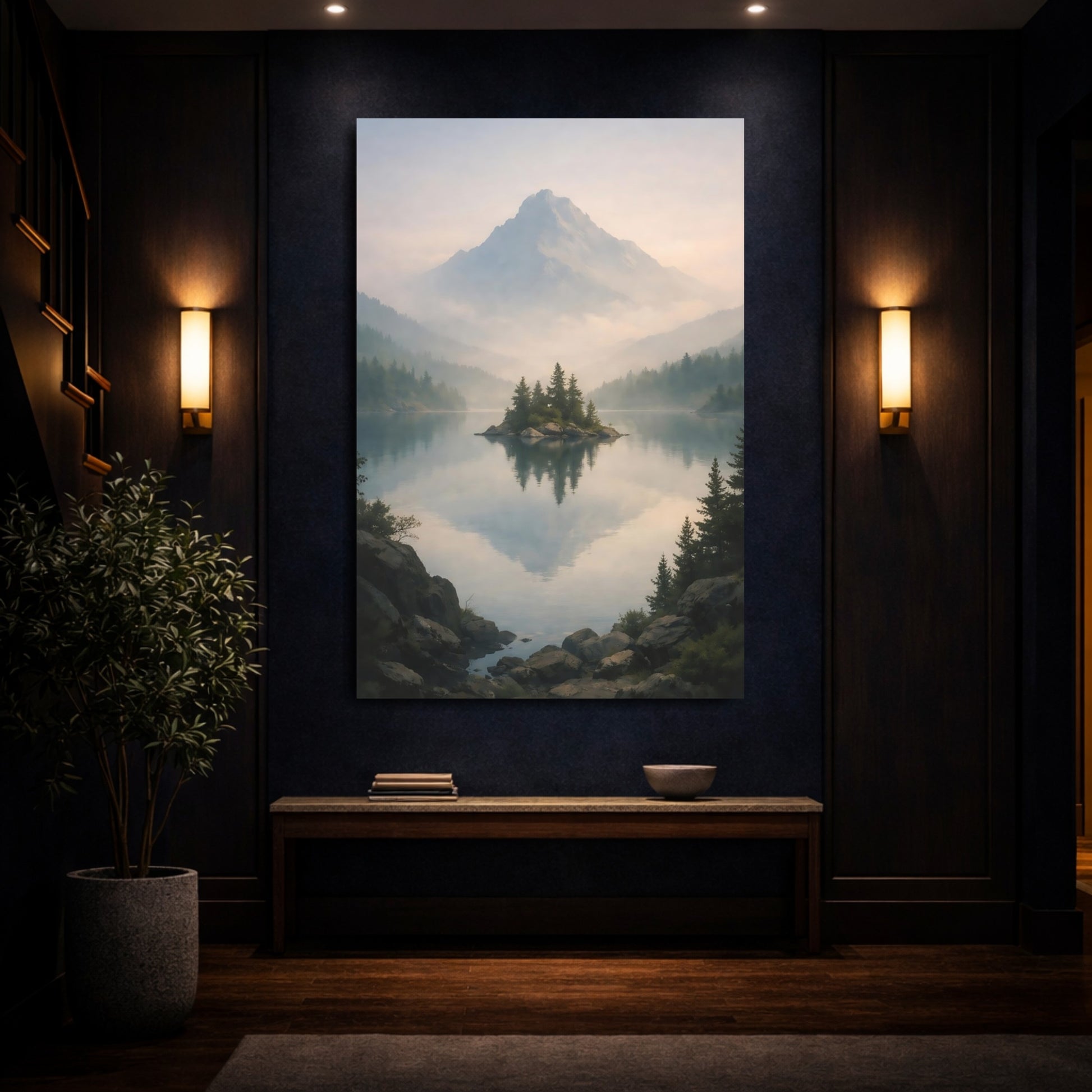 Nature Lake Island Blue And Green Landscape shown as front canvas room wall art