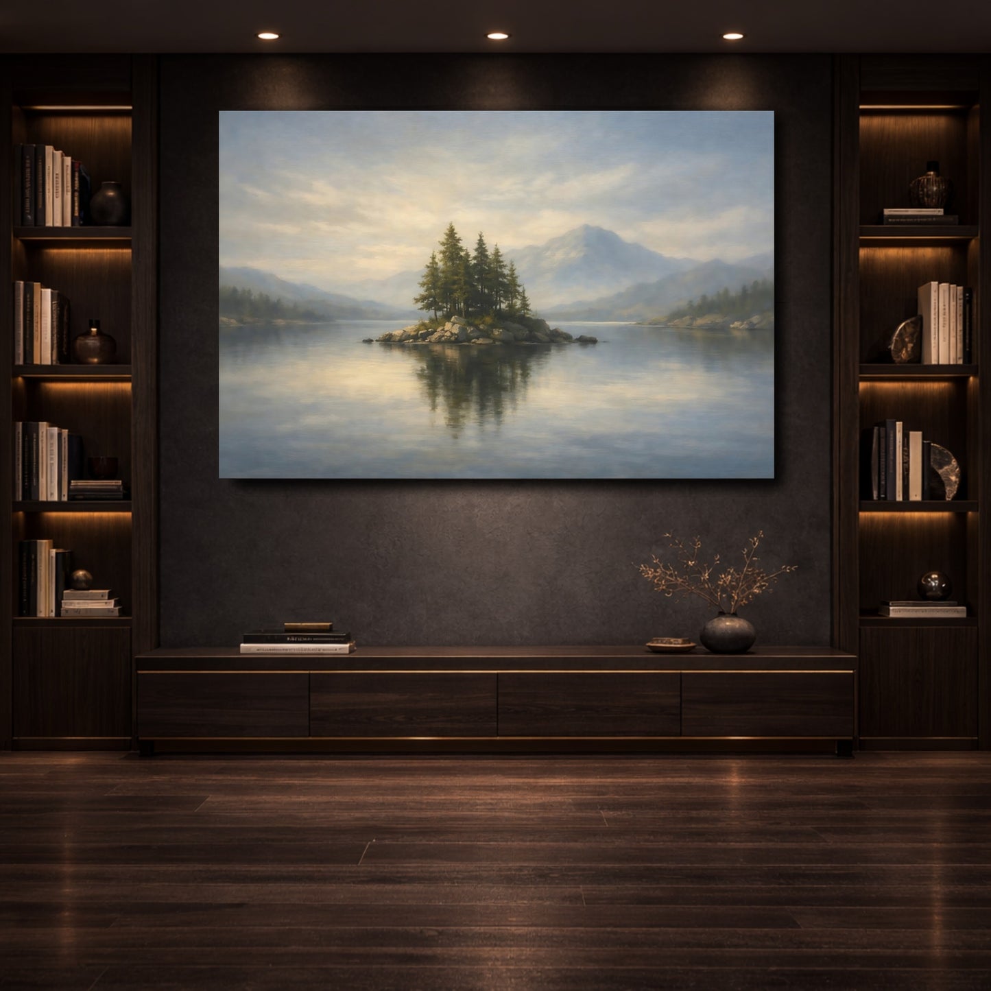 Mockup 3. Nature Lake Island Blue And Green Landscape shown as stretched canvas wall art