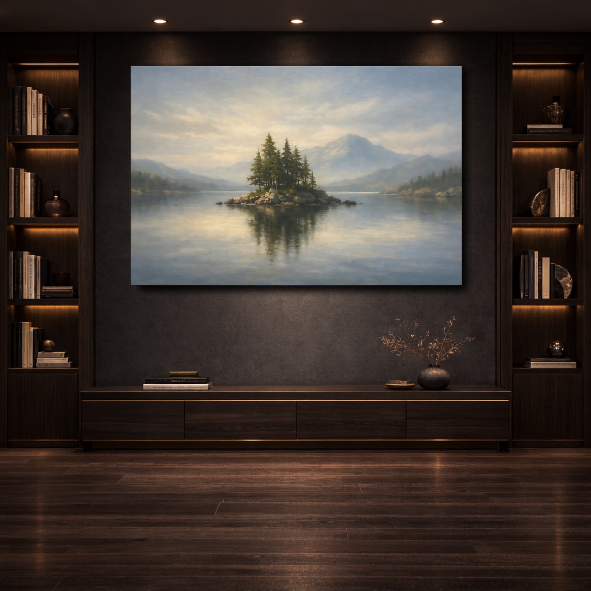 Mockup 3. Nature Lake Island Blue And Green Landscape shown as stretched canvas wall art