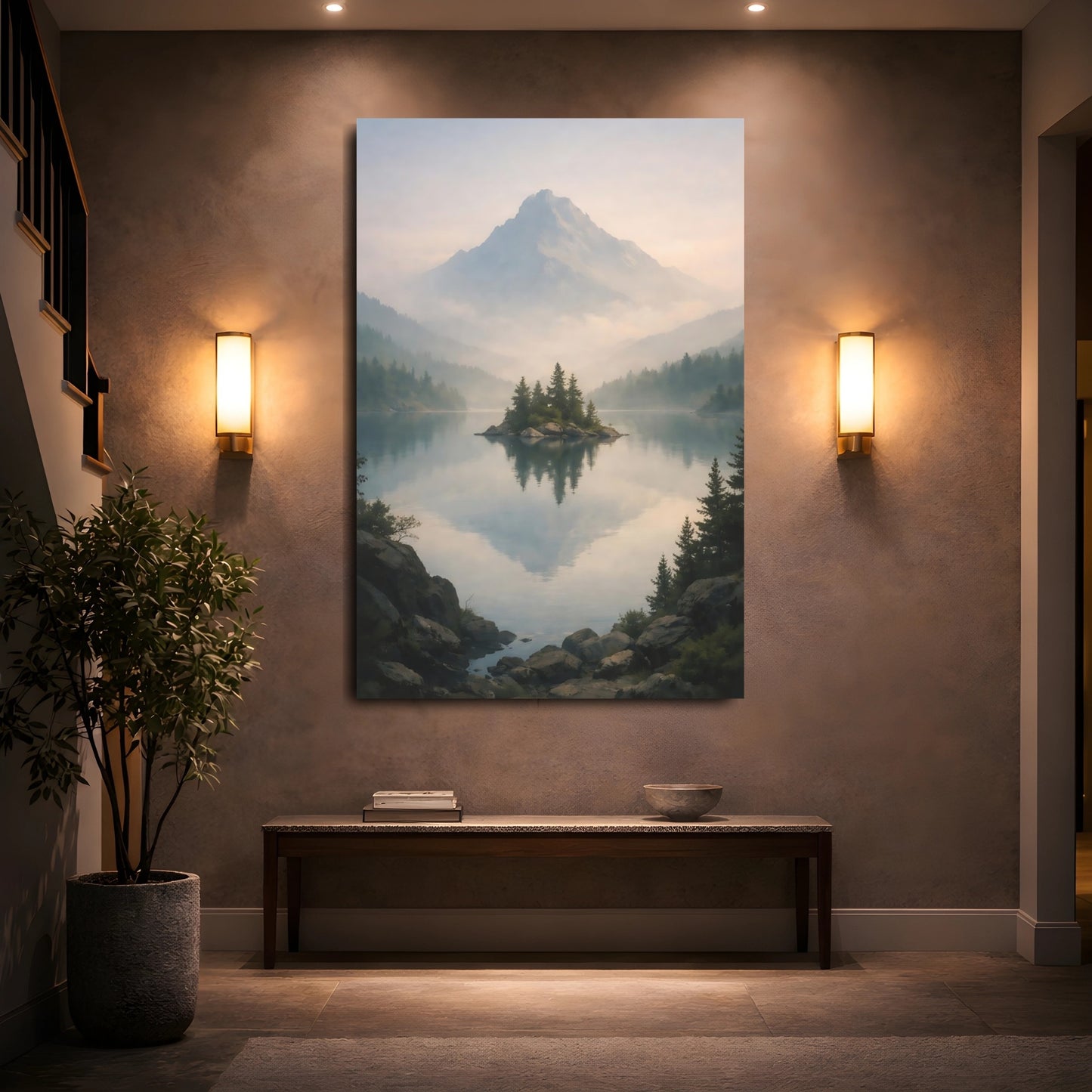 Nature Lake Island Blue And Green Landscape shown as front canvas room wall art