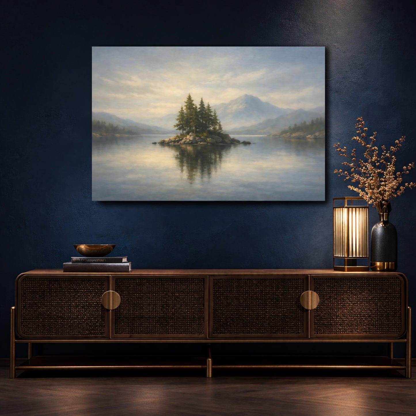 Mockup 4. Nature Lake Island Blue And Green Landscape shown as stretched canvas wall art
