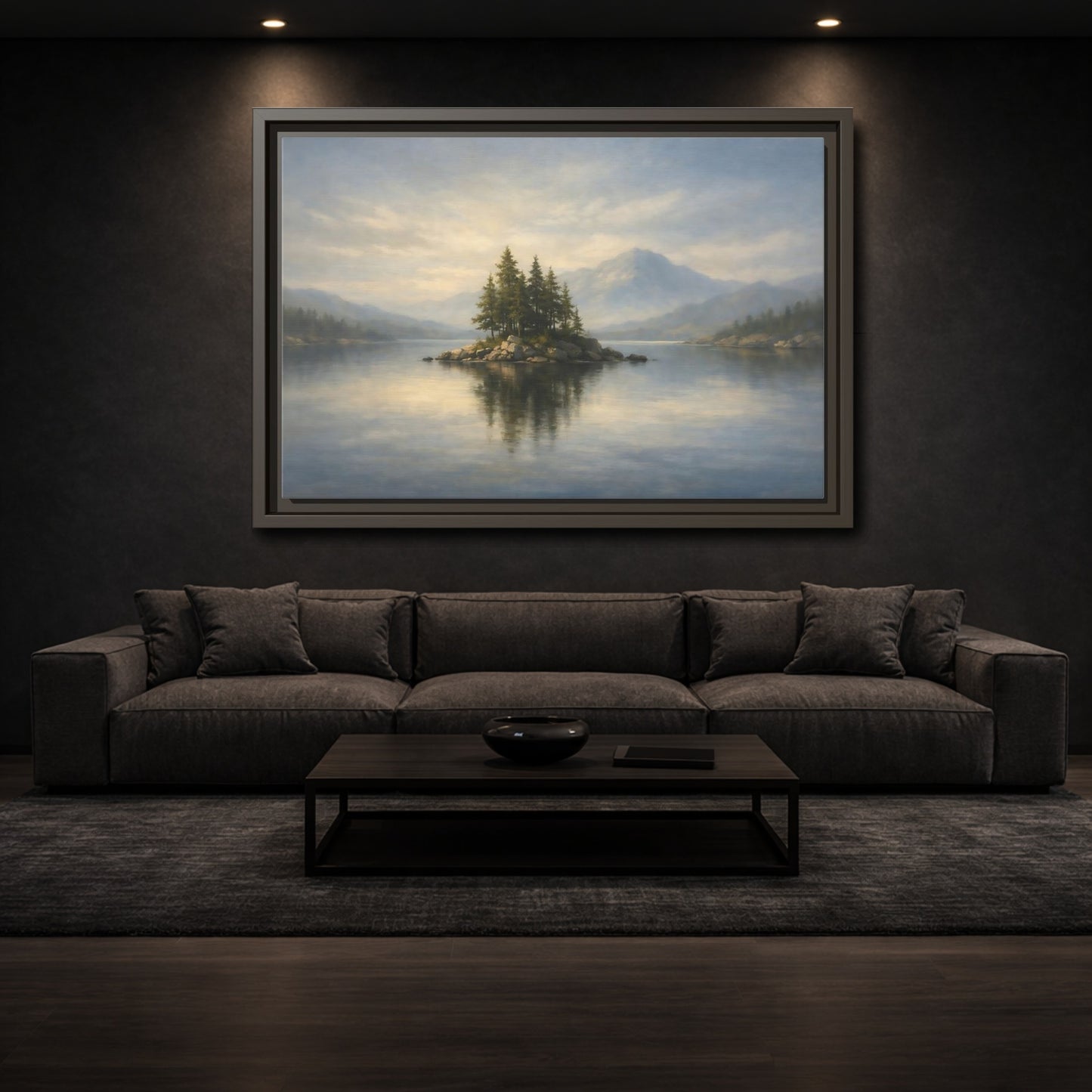 Mockup 2. Nature Lake Island Blue And Green shown as stretched canvas wall art