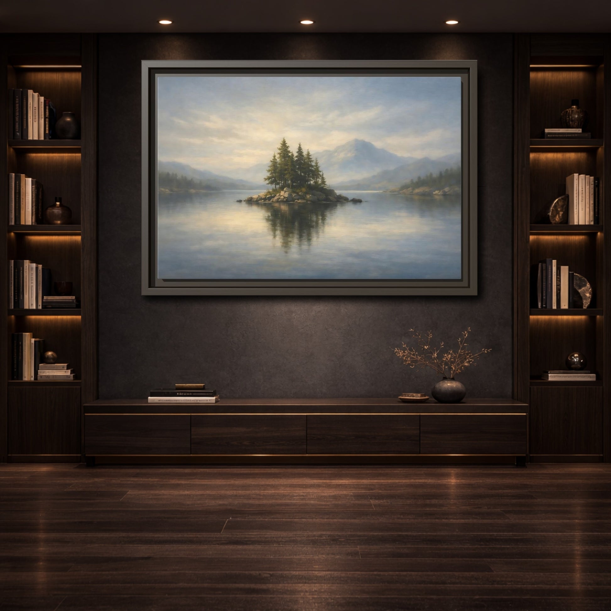 Mockup 3. Nature Lake Island Blue And Green shown as stretched canvas wall art