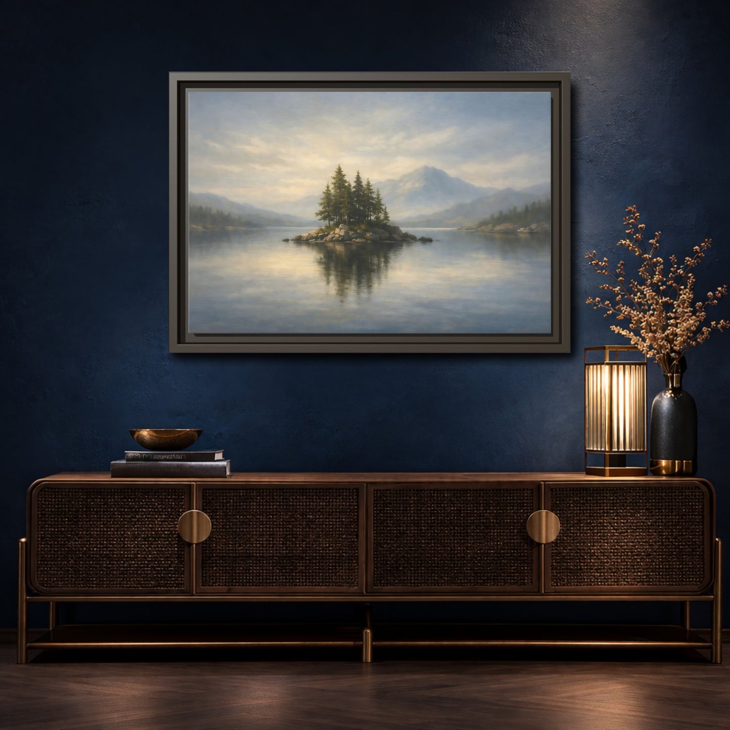 Mockup 4. Nature Lake Island Blue And Green shown as stretched canvas wall art