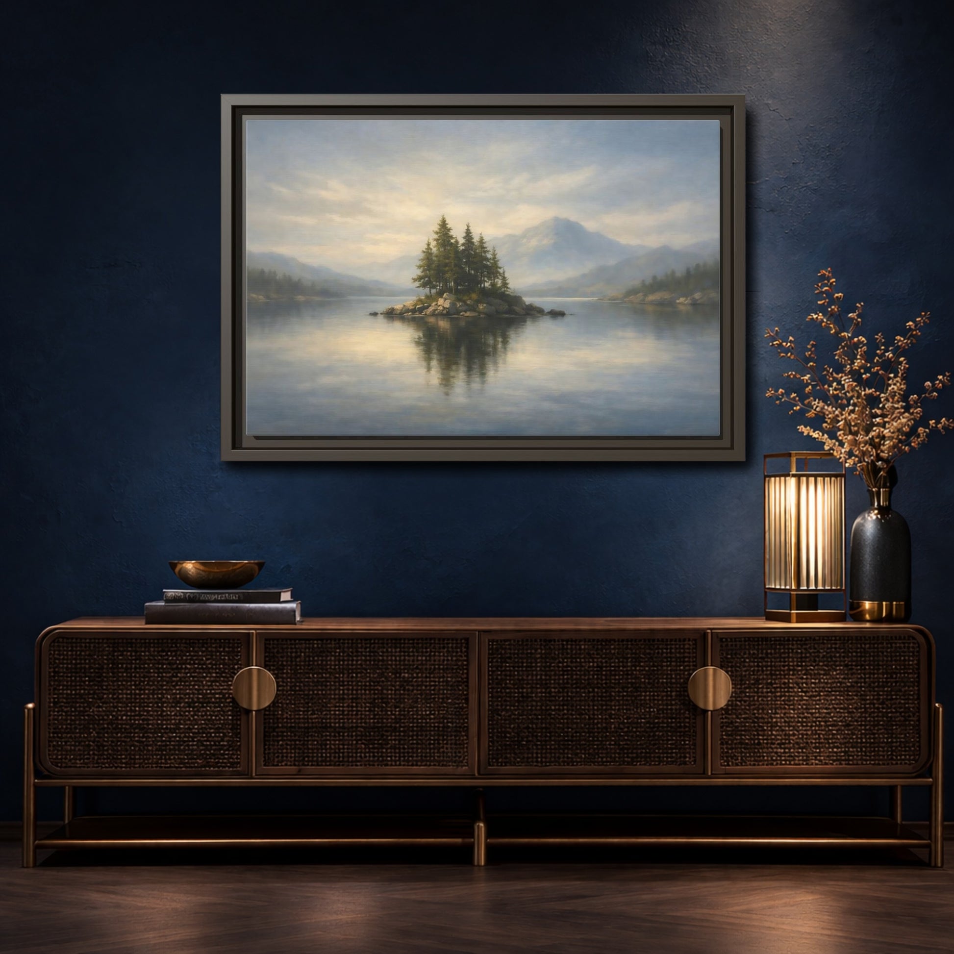 Mockup 4. Nature Lake Island Blue And Green shown as stretched canvas wall art