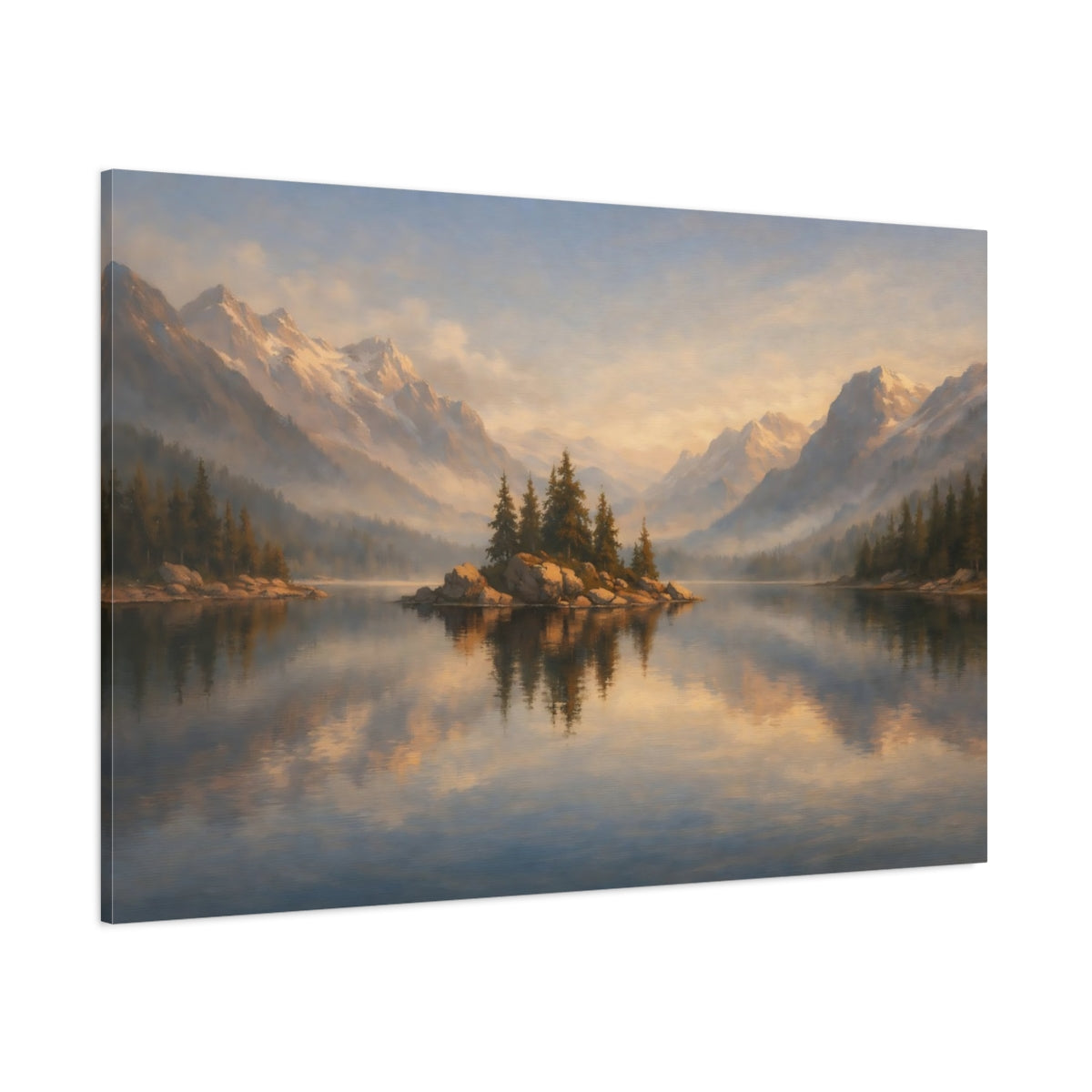 Main Mockup. Nature Lake Island Blue Gold Landscape shown as stretched canvas wall art