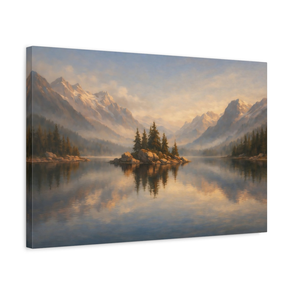 Side Mockup 3. Nature Lake Island Blue Gold Landscape shown as stretched canvas wall art
