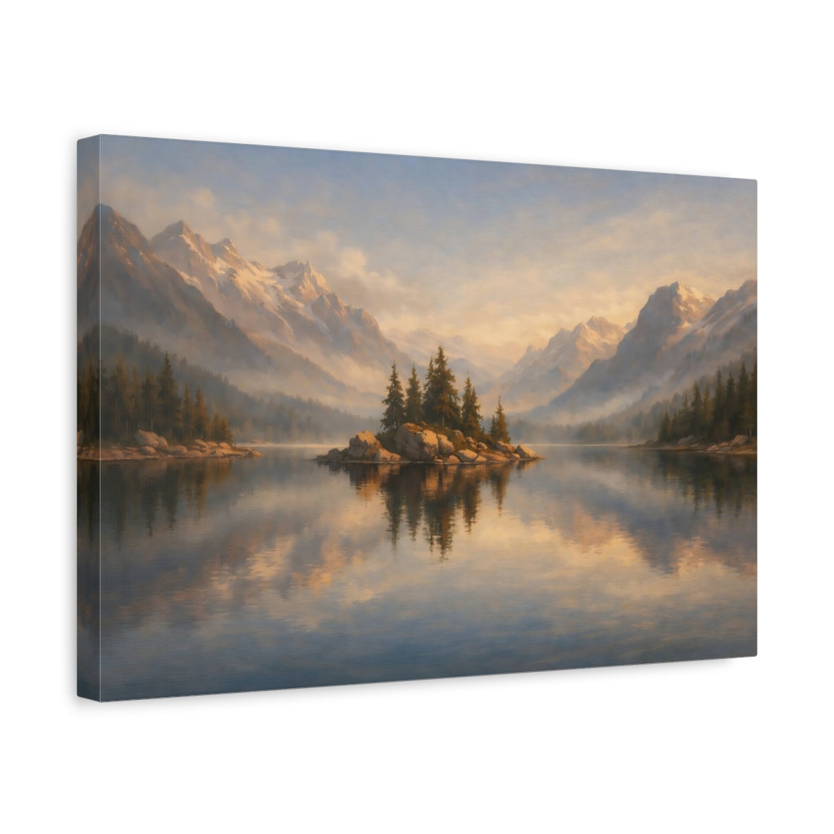Side Mockup 4. Nature Lake Island Blue Gold Landscape shown as stretched canvas wall art