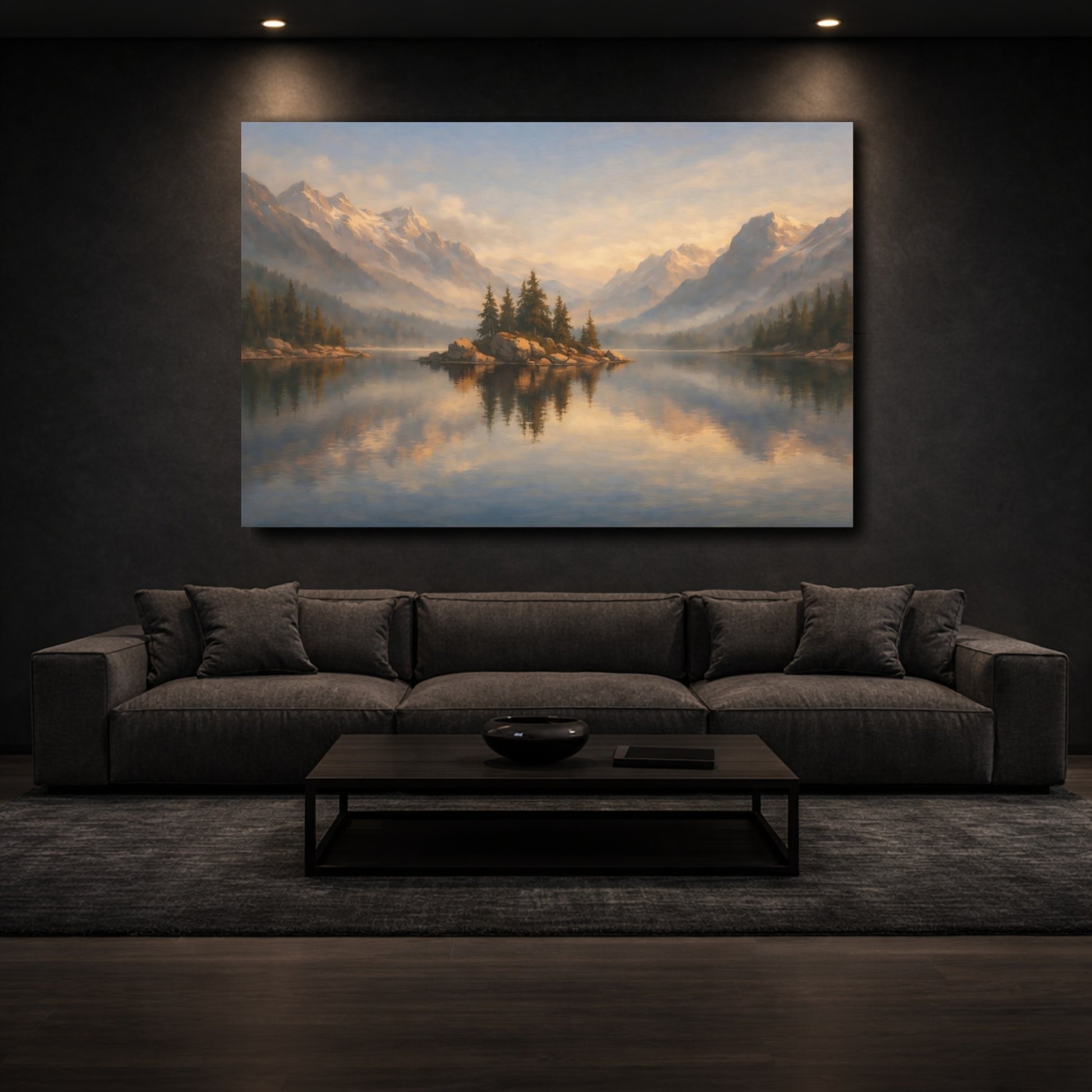 Mockup 2. Nature Lake Island Blue Gold Landscape shown as stretched canvas wall art
