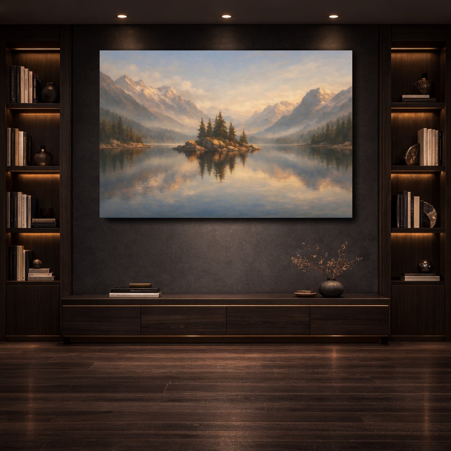 Mockup 3. Nature Lake Island Blue Gold Landscape shown as stretched canvas wall art