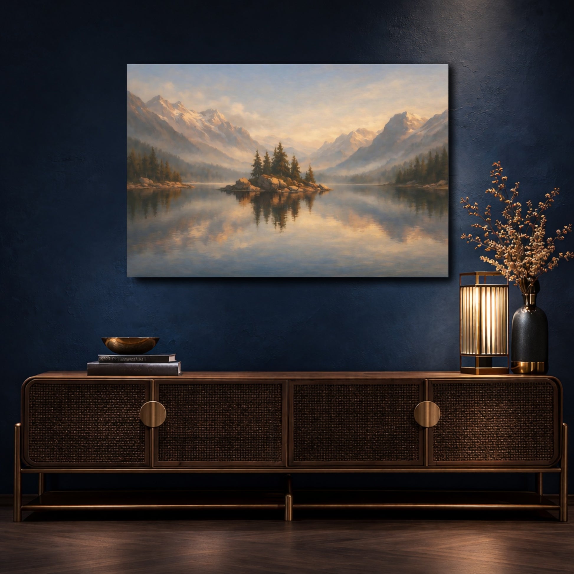 Mockup 4. Nature Lake Island Blue Gold Landscape shown as stretched canvas wall art