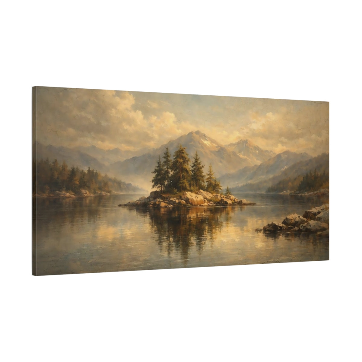 Main Mockup. Nature Lake Island Brown Gold Landscape shown as stretched canvas wall art
