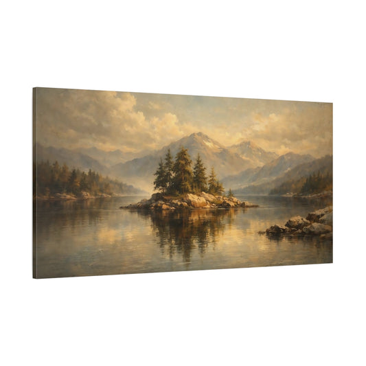 Main Mockup. Nature Lake Island Brown Gold Landscape shown as stretched canvas wall art