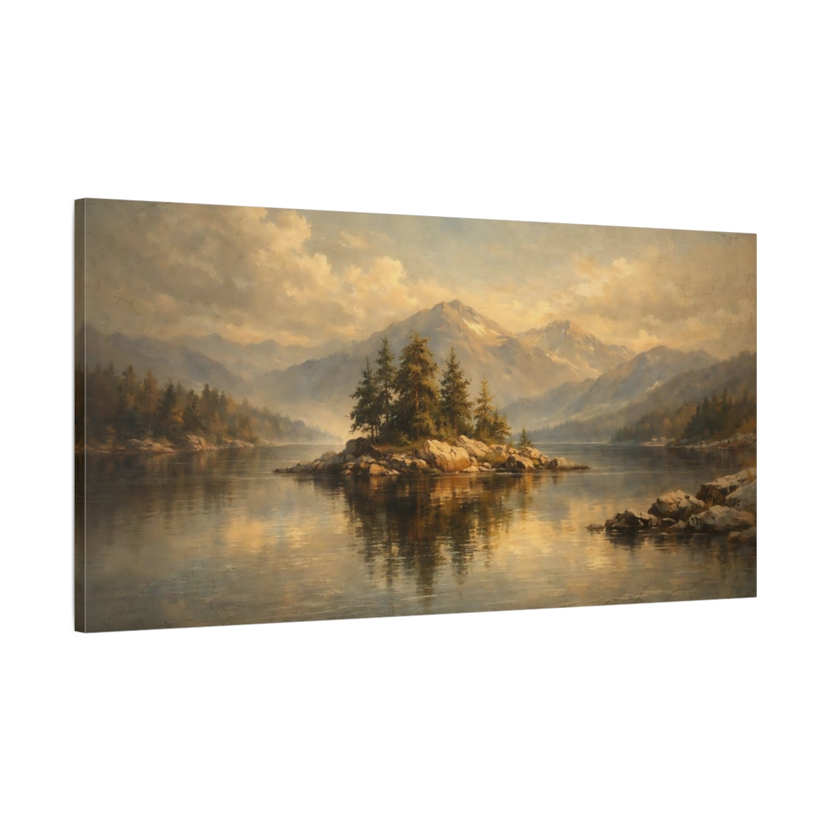 Side Mockup 1. Nature Lake Island Brown Gold Landscape shown as stretched canvas wall art