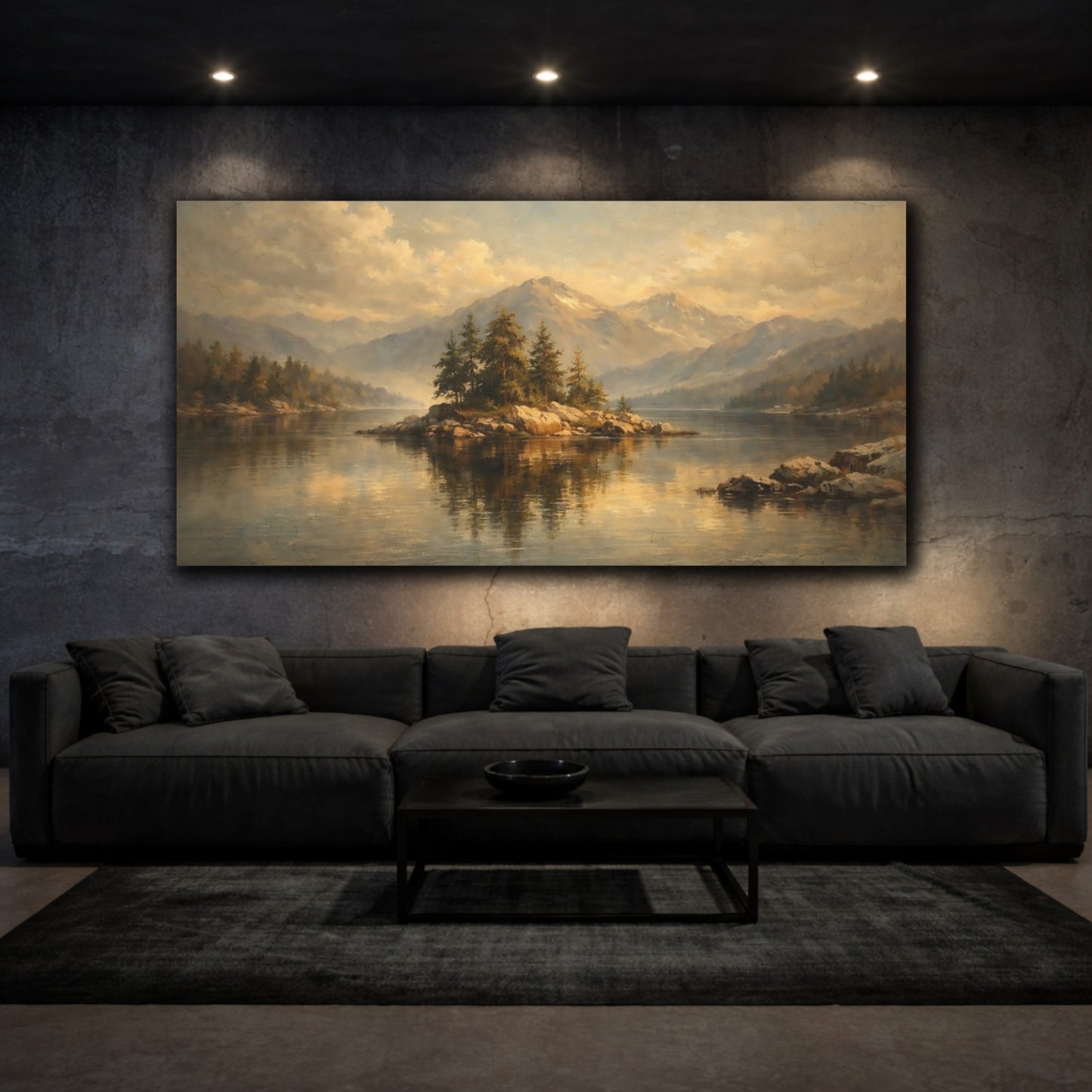 Mockup 2. Nature Lake Island Brown Gold Landscape shown as stretched canvas wall art