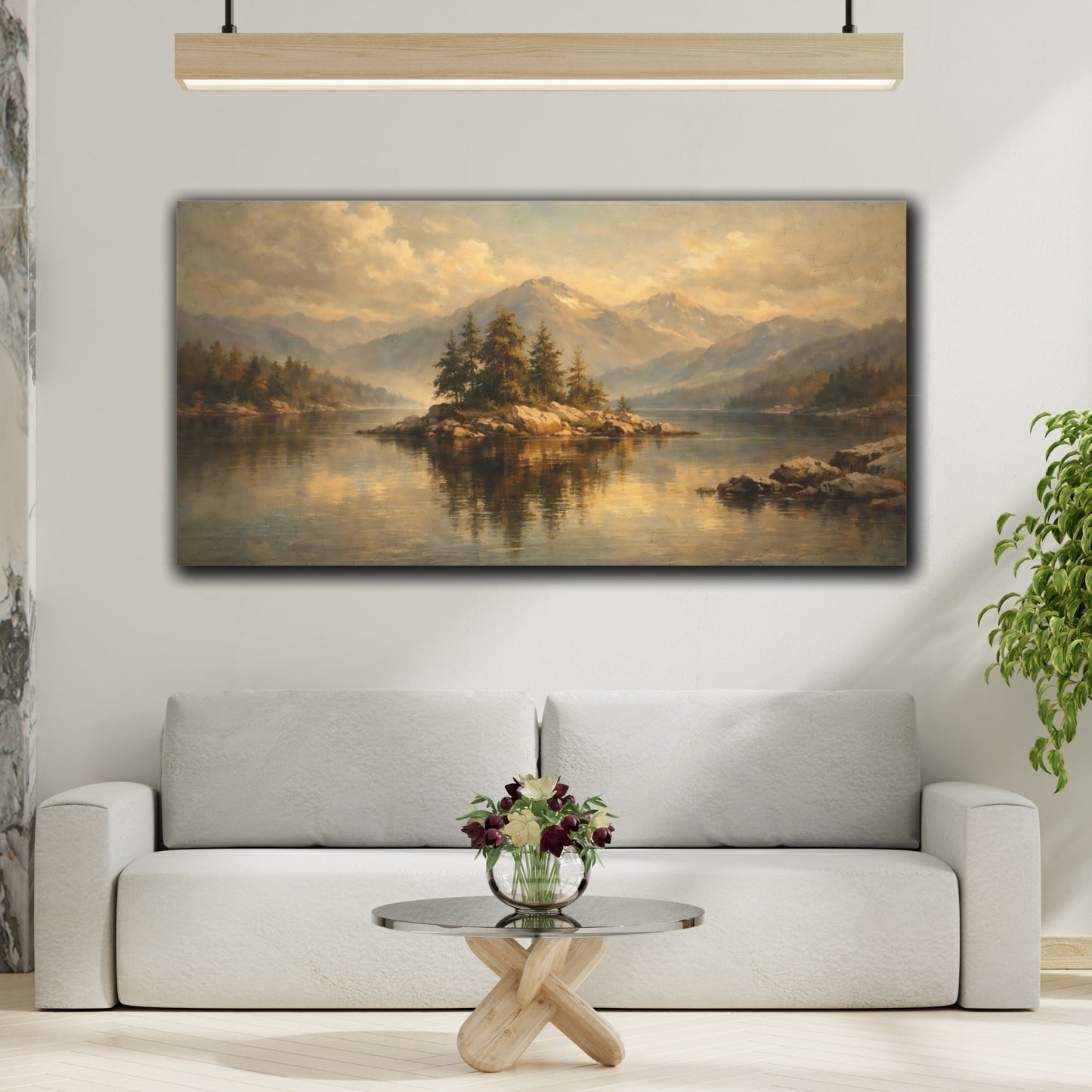 Mockup 3. Nature Lake Island Brown Gold Landscape shown as stretched canvas wall art