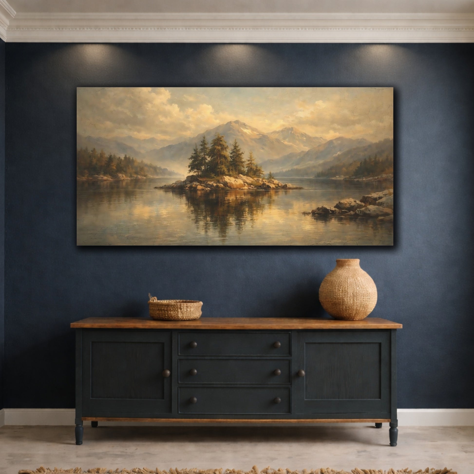 Mockup 4. Nature Lake Island Brown Gold Landscape shown as stretched canvas wall art