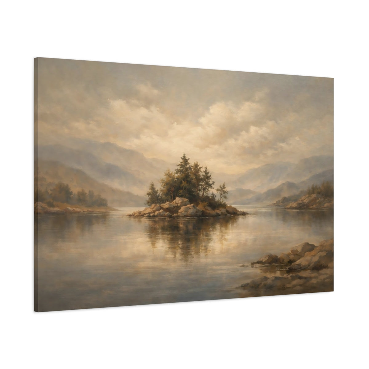 Main Mockup. Nature Lake Island Earthy Tones shown as stretched canvas wall art