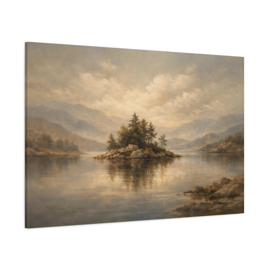 Main Mockup. Nature Lake Island Earthy Tones shown as stretched canvas wall art