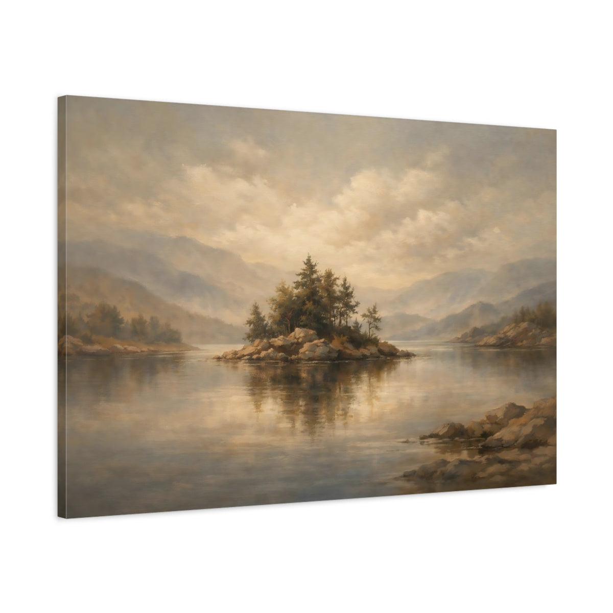 Side Mockup 1. Nature Lake Island Earthy Tones shown as stretched canvas wall art