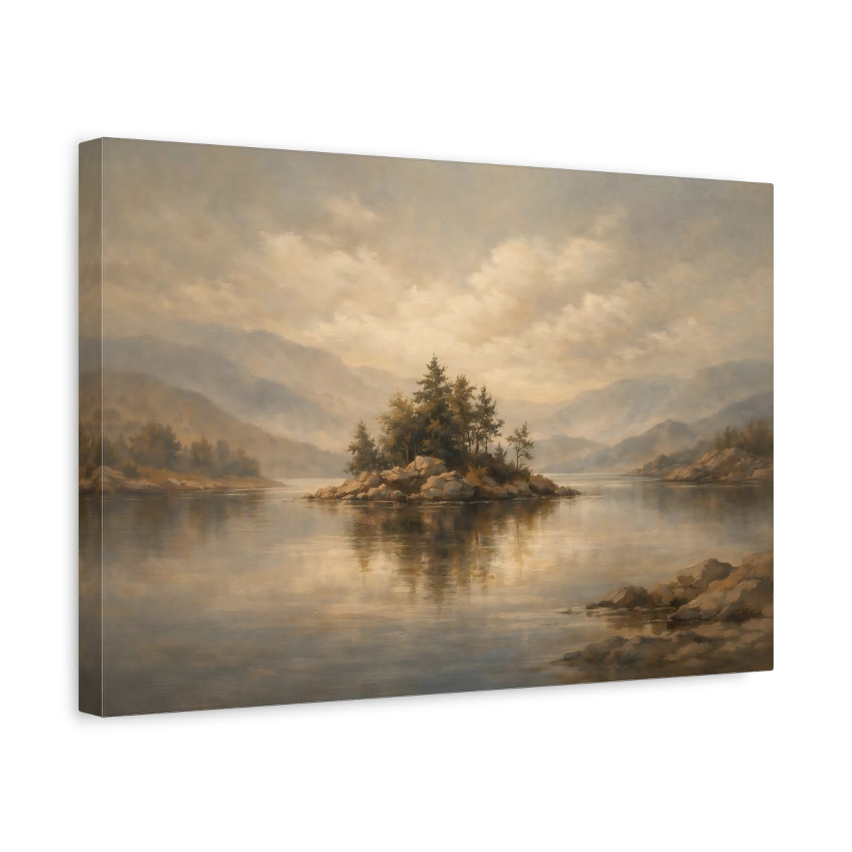Side Mockup 4. Nature Lake Island Earthy Tones shown as stretched canvas wall art